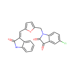 O=C1Nc2ccccc2/C1=C\c1ccc(CN2C(=O)C(=O)c3cc(Cl)ccc32)o1 ZINC000095560996