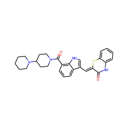 O=C1Nc2ccccc2S/C1=C\c1c[nH]c2c(C(=O)N3CCC(N4CCCCC4)CC3)cccc12 ZINC000028371717