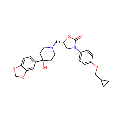 O=C1O[C@@H](CN2CCC(O)(c3ccc4c(c3)OCO4)CC2)CN1c1ccc(OCC2CC2)cc1 ZINC000029417011