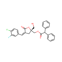 O=C1O[C@](CO)(COC(=O)C(c2ccccc2)c2ccccc2)C/C1=C/c1ccc(Cl)c(F)c1 ZINC000045495583