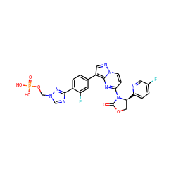 O=C1OC[C@H](c2ccc(F)cn2)N1c1ccn2ncc(-c3ccc(-c4ncn(COP(=O)(O)O)n4)c(F)c3)c2n1 ZINC000116186831