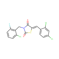 O=C1S/C(=C\c2ccc(Cl)cc2Cl)C(=O)N1Cc1c(F)cccc1Cl ZINC000049583060
