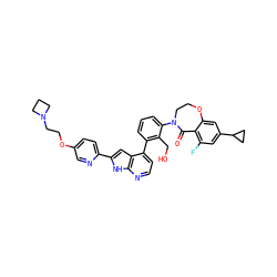 O=C1c2c(F)cc(C3CC3)cc2OCCN1c1cccc(-c2ccnc3[nH]c(-c4ccc(OCCN5CCC5)cn4)cc23)c1CO ZINC001772636584
