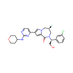 O=C1c2cc(-c3ccnc(NC4CCOCC4)n3)cn2C[C@@H](F)CN1[C@H](CO)c1cccc(Cl)c1 ZINC000473130929