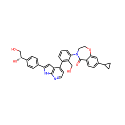 O=C1c2ccc(C3CC3)cc2OCCN1c1cccc(-c2ccnc3[nH]c(-c4ccc([C@H](O)CO)cc4)cc23)c1CO ZINC000148749903