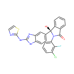 O=C1c2ccccc2[C@@](O)(c2ccc3[nH]c(Nc4nccs4)nc3c2)N1c1cccc(Cl)c1F ZINC000116252864