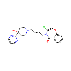 O=C1c2ccccc2OC=C(Cl)N1CCCCN1CCC(O)(c2ncccn2)CC1 ZINC000028524742