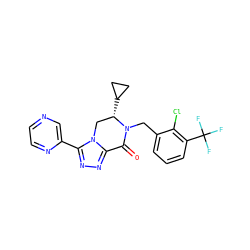 O=C1c2nnc(-c3cnccn3)n2C[C@H](C2CC2)N1Cc1cccc(C(F)(F)F)c1Cl ZINC000219206644