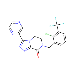 O=C1c2nnc(-c3cnccn3)n2CCN1Cc1cccc(C(F)(F)F)c1Cl ZINC000219145508