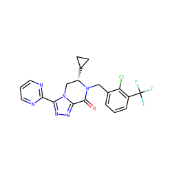 O=C1c2nnc(-c3ncccn3)n2C[C@H](C2CC2)N1Cc1cccc(C(F)(F)F)c1Cl ZINC000219206828