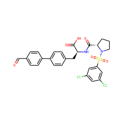 O=Cc1ccc(-c2ccc(C[C@H](NC(=O)[C@@H]3CCCN3S(=O)(=O)c3cc(Cl)cc(Cl)c3)C(=O)O)cc2)cc1 ZINC000026641816