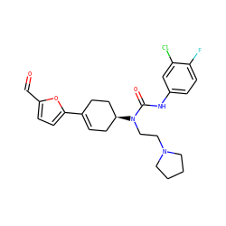 O=Cc1ccc(C2=CC[C@H](N(CCN3CCCC3)C(=O)Nc3ccc(F)c(Cl)c3)CC2)o1 ZINC000028650231