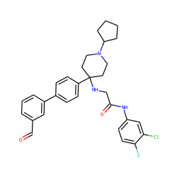 O=Cc1cccc(-c2ccc(C3(NCC(=O)Nc4ccc(F)c(Cl)c4)CCN(C4CCCC4)CC3)cc2)c1 ZINC000038157901