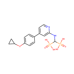 O=P(O)(O)C(Nc1cc(-c2ccc(OC3CC3)cc2)ccn1)P(=O)(O)O ZINC000084730375