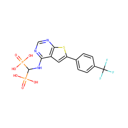 O=P(O)(O)C(Nc1ncnc2sc(-c3ccc(C(F)(F)F)cc3)cc12)P(=O)(O)O ZINC000103276784