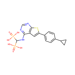 O=P(O)(O)C(Nc1ncnc2sc(-c3ccc(C4CC4)cc3)cc12)P(=O)(O)O ZINC000098209644