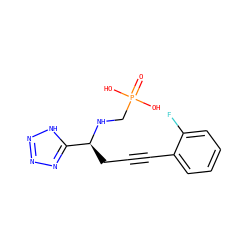 O=P(O)(O)CN[C@@H](CC#Cc1ccccc1F)c1nnn[nH]1 ZINC000013779365