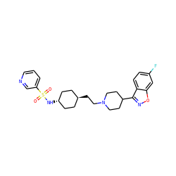 O=S(=O)(N[C@H]1CC[C@H](CCN2CCC(c3noc4cc(F)ccc34)CC2)CC1)c1cccnc1 ZINC001772603028