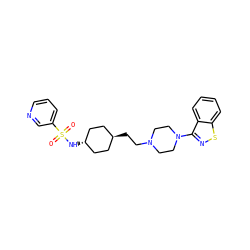O=S(=O)(N[C@H]1CC[C@H](CCN2CCN(c3nsc4ccccc34)CC2)CC1)c1cccnc1 ZINC001772636524