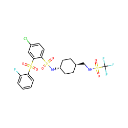 O=S(=O)(N[C@H]1CC[C@H](CNS(=O)(=O)C(F)(F)F)CC1)c1ccc(Cl)cc1S(=O)(=O)c1ccccc1F ZINC000261159212