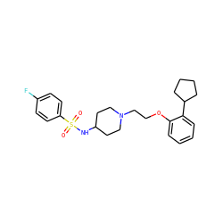 O=S(=O)(NC1CCN(CCOc2ccccc2C2CCCC2)CC1)c1ccc(F)cc1 ZINC000653699926