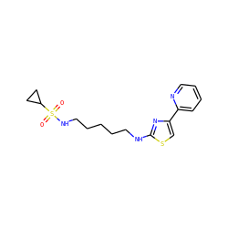 O=S(=O)(NCCCCCNc1nc(-c2ccccn2)cs1)C1CC1 ZINC000073168680