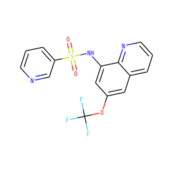 O=S(=O)(Nc1cc(OC(F)(F)F)cc2cccnc12)c1cccnc1 ZINC000141818802