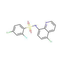O=S(=O)(Nc1ccc(Cl)c2cccnc12)c1ccc(Cl)cc1F ZINC000201603831