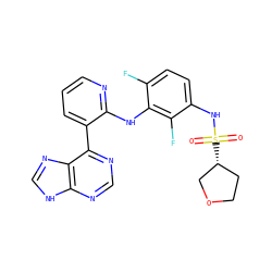 O=S(=O)(Nc1ccc(F)c(Nc2ncccc2-c2ncnc3[nH]cnc23)c1F)[C@@H]1CCOC1 ZINC000653850805