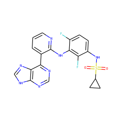 O=S(=O)(Nc1ccc(F)c(Nc2ncccc2-c2ncnc3[nH]cnc23)c1F)C1CC1 ZINC000166380750