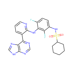 O=S(=O)(Nc1ccc(F)c(Nc2ncccc2-c2ncnc3[nH]cnc23)c1F)C1CCCCC1 ZINC000166375811