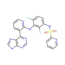 O=S(=O)(Nc1ccc(F)c(Nc2ncccc2-c2ncnc3[nH]cnc23)c1F)c1ccccn1 ZINC000653843471