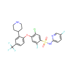 O=S(=O)(Nc1ccc(F)cn1)c1cc(Cl)c(Oc2ccc(C(F)(F)F)cc2C2CCNCC2)cc1F ZINC000095584282