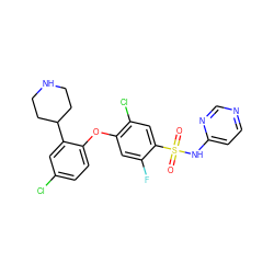O=S(=O)(Nc1ccncn1)c1cc(Cl)c(Oc2ccc(Cl)cc2C2CCNCC2)cc1F ZINC000095581364