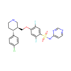 O=S(=O)(Nc1ccncn1)c1cc(F)c(OC[C@@H]2CNCC[C@H]2c2ccc(Cl)cc2)cc1F ZINC000220602341