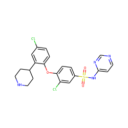 O=S(=O)(Nc1ccncn1)c1ccc(Oc2ccc(Cl)cc2C2CCNCC2)c(Cl)c1 ZINC000095585657