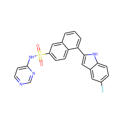 O=S(=O)(Nc1ccncn1)c1ccc2c(-c3cc4cc(F)ccc4[nH]3)cccc2c1 ZINC000225115634