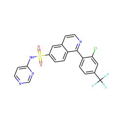 O=S(=O)(Nc1ccncn1)c1ccc2c(-c3ccc(C(F)(F)F)cc3Cl)nccc2c1 ZINC000225043233