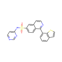 O=S(=O)(Nc1ccncn1)c1ccc2c(-c3cccc4ccsc34)nccc2c1 ZINC000225052833