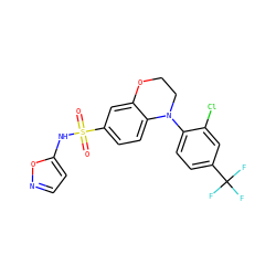 O=S(=O)(Nc1ccno1)c1ccc2c(c1)OCCN2c1ccc(C(F)(F)F)cc1Cl ZINC000220183479