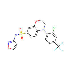 O=S(=O)(Nc1ccon1)c1ccc2c(c1)OCCN2c1ccc(C(F)(F)F)cc1Cl ZINC000220167626