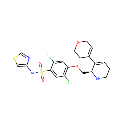 O=S(=O)(Nc1cscn1)c1cc(Cl)c(OC[C@@H]2NCCC=C2C2=CCOCC2)cc1F ZINC001772624039