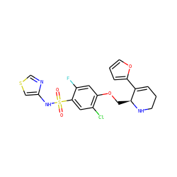 O=S(=O)(Nc1cscn1)c1cc(Cl)c(OC[C@@H]2NCCC=C2c2ccco2)cc1F ZINC001772626325