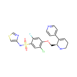 O=S(=O)(Nc1cscn1)c1cc(Cl)c(OC[C@@H]2NCCC=C2c2ccncc2)cc1F ZINC001772609339