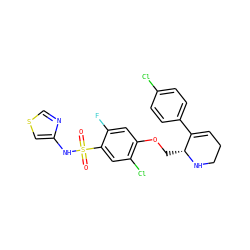 O=S(=O)(Nc1cscn1)c1cc(Cl)c(OC[C@H]2NCCC=C2c2ccc(Cl)cc2)cc1F ZINC001772619739