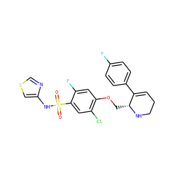 O=S(=O)(Nc1cscn1)c1cc(Cl)c(OC[C@H]2NCCC=C2c2ccc(F)cc2)cc1F ZINC001772585925