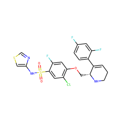 O=S(=O)(Nc1cscn1)c1cc(Cl)c(OC[C@H]2NCCC=C2c2ccc(F)cc2F)cc1F ZINC001772622475