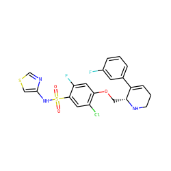 O=S(=O)(Nc1cscn1)c1cc(Cl)c(OC[C@H]2NCCC=C2c2cccc(F)c2)cc1F ZINC001772652415