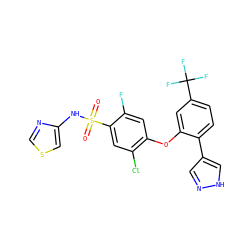 O=S(=O)(Nc1cscn1)c1cc(Cl)c(Oc2cc(C(F)(F)F)ccc2-c2cn[nH]c2)cc1F ZINC000095583629