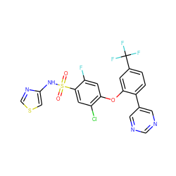 O=S(=O)(Nc1cscn1)c1cc(Cl)c(Oc2cc(C(F)(F)F)ccc2-c2cncnc2)cc1F ZINC000095582932